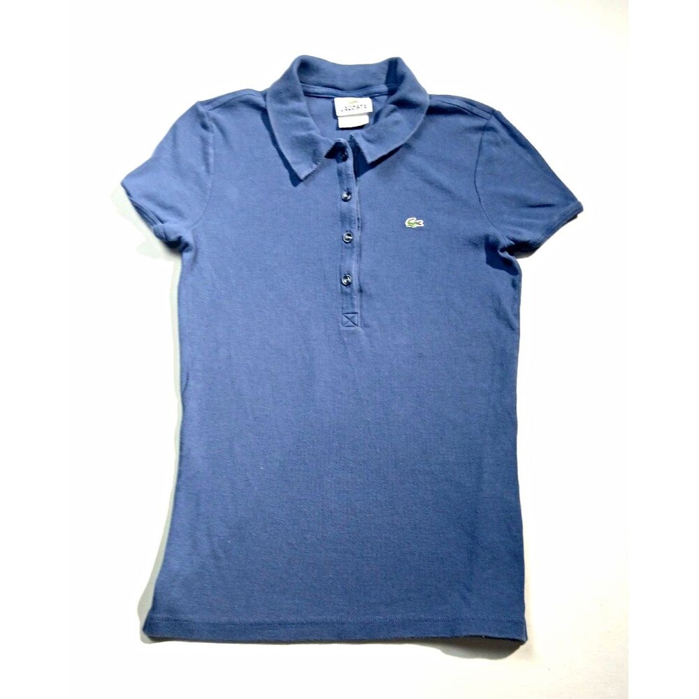 Lacoste Womens Stretch Pique Polo Shirt Navy Blue Cotton Cropped Fitted preppy